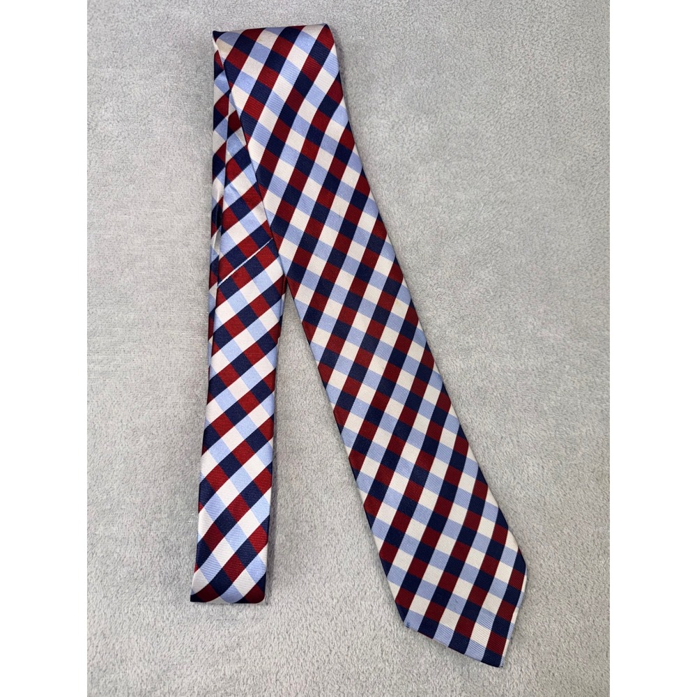 Arrow Mens Necktie‎ Red Blue White Gingham Plaid 100% Silk Fast Shipping!